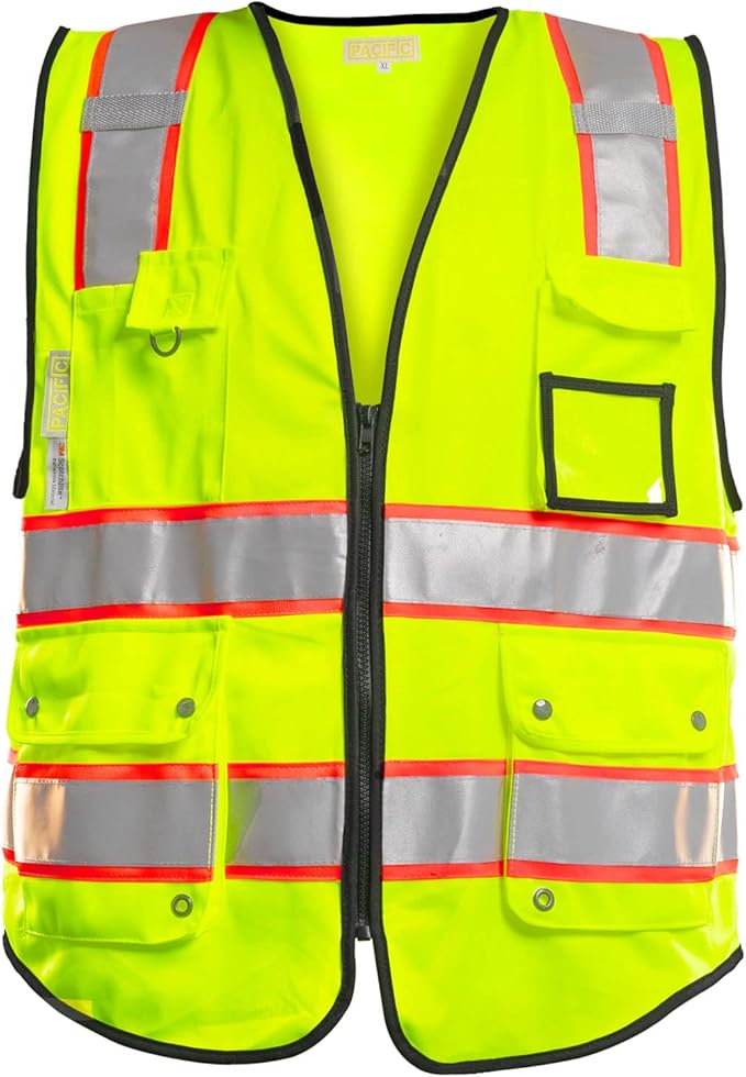 PACIFIC 10 Pockets Class 2 Safety Vest for Men, 3M High Visibility Reflective Strips, Meets ANSI/ISEA Standard, Yellow, Medium