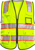 PACIFIC 10 Pockets Safety Vest for Men, 3M High Visibility Reflective Strips with Pockets and Zipper, ANSI Class 2, Yellow, Large