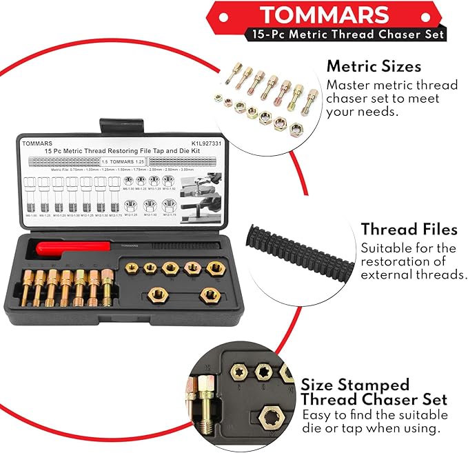 TOMMARS 15-Piece Metric Thread Chaser Set, M6 M8 M10 M12 Thread Restorer Tool Rethreading Repair Kit