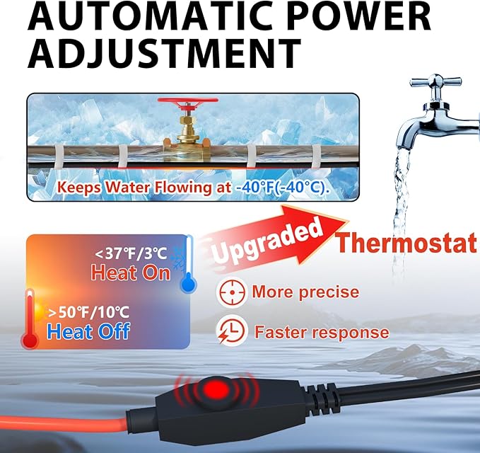 HEATIT Water Pipe Heat Tape Electric Heating Cable Automatic Heat Tape Pipe Freeze Protected Heated Cable 10 Feet
