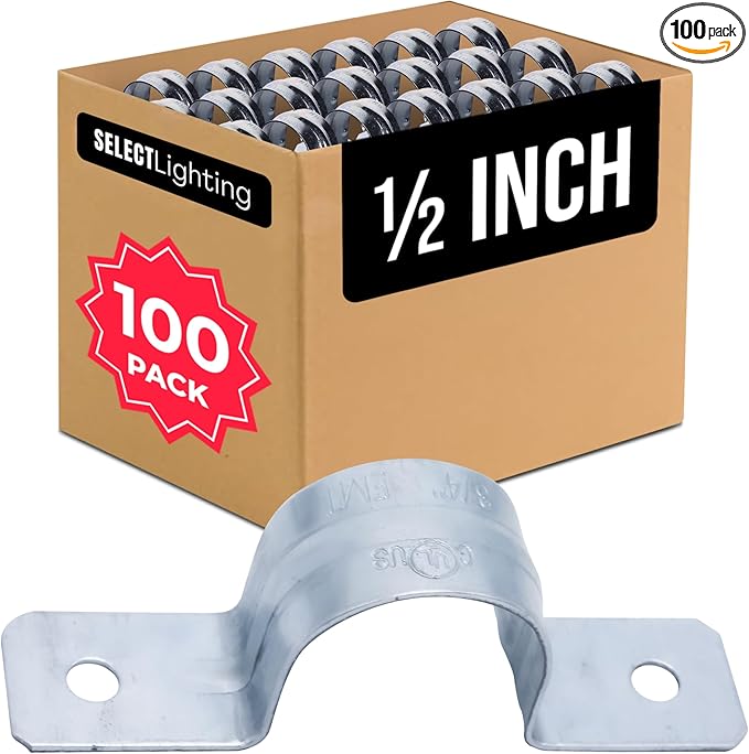 Select 100 Pack Lighting 2 Hole 1/2 Inch Rigid Pipe Straps for EMT, Heavy-Duty Zinc-Plated Steel Clips with Reinforced Rib, Conduit Strap for Pipes, Cables, and Tubes, Snap-On Installation