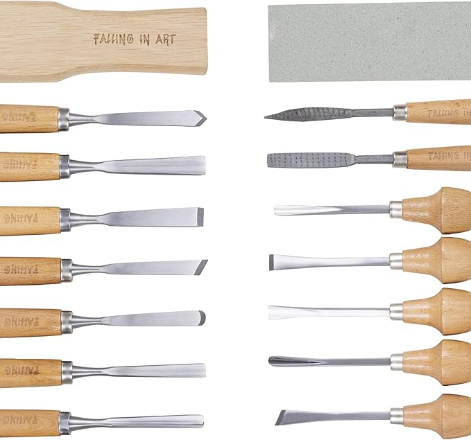 Falling in Art 16 Pcs Wood Carving Tools, Professional Carving Knives Chisel Set, Including Sharpening Stone, Mallet and Storage Bag for Wood Carving Projects