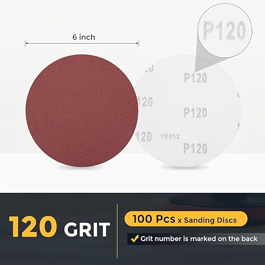 HARFINGTON 100 Pcs 6 Inch Sanding Disc 120 Grit Hook and Loop Sandpaper Random Orbital Sander Pads for Woodworking Automotive Metal Polishing