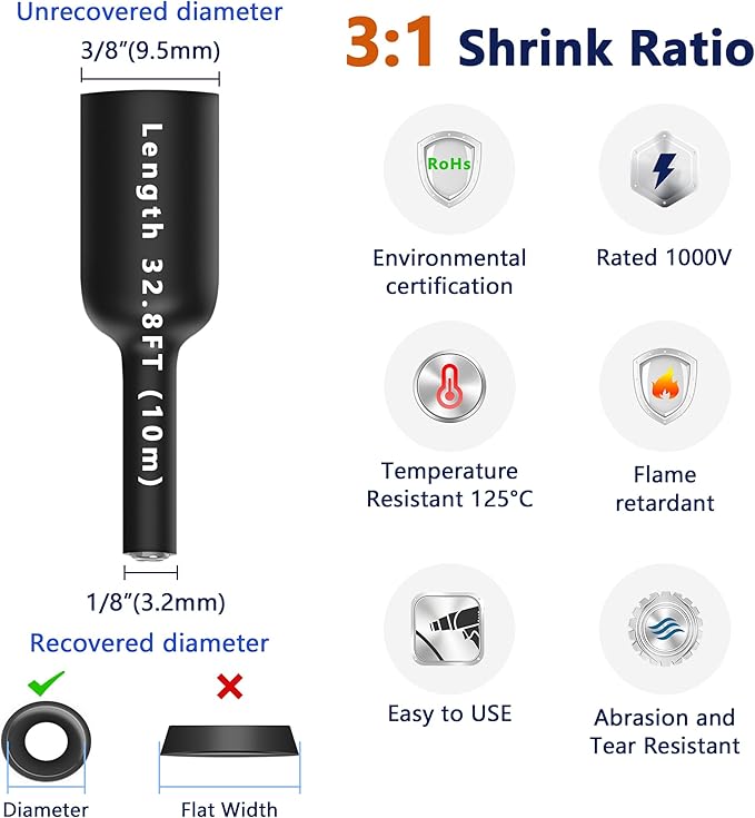 3/8" Heat Shrink Tubing, 33 Ft 3:1 Dual Wall Adhesive Lined Heat Shrink Tube, Marine Grade Waterproof Shrink Wrap Tubing, Electrical Industrial Automotive Sealing Shrink Tube for Wire Insulation
