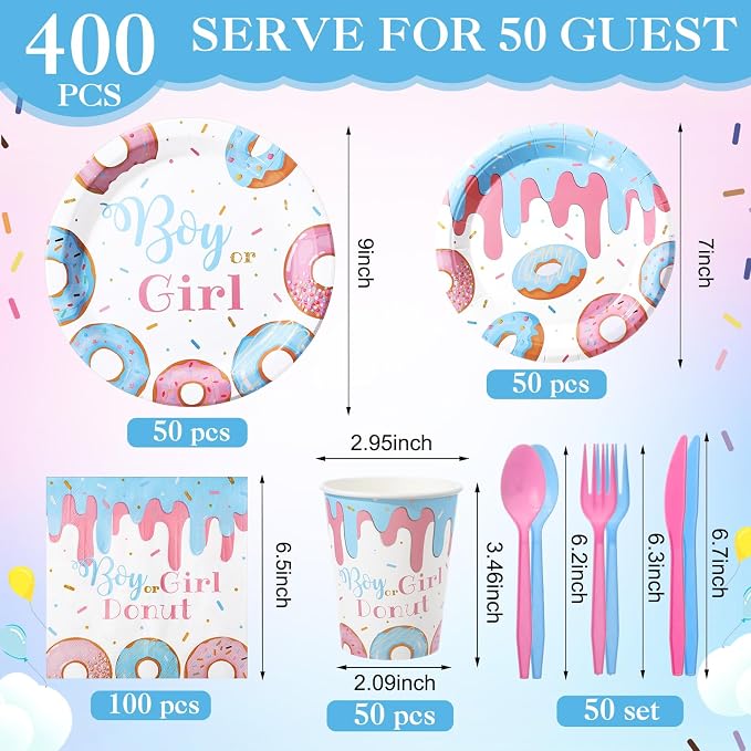 Pickmesh 400 Pcs Donut Themed Gender Reveal Party Supplies Include Boy or Girl - Image 2