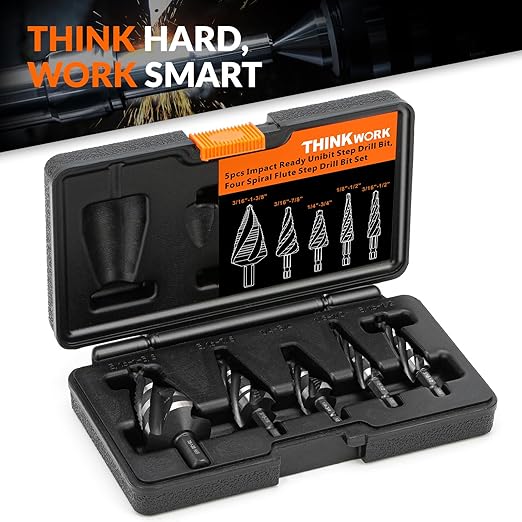 THINKWORK Four Spiral Flute Step Drill Bit Set, 5 Pcs HSS Step Drill Bits (1/8"-1-3/8") Unibit Step Drill Bit, 1/4" and 3/8" Shank Step Bits for Aluminum, Wood, Plastic, Metal
