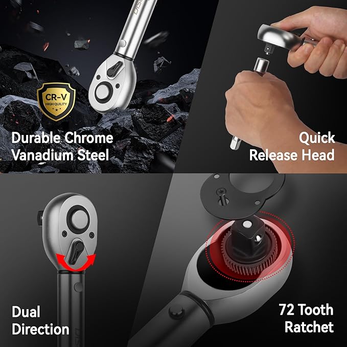 DISEN 3/8-Inch Drive Click Torque Wrench, 15-90 ft.lb/20-120Nm, 72 Tooth Dual-Direction Adjustable Ratchet for Bike, Motorcycle and Car Repair