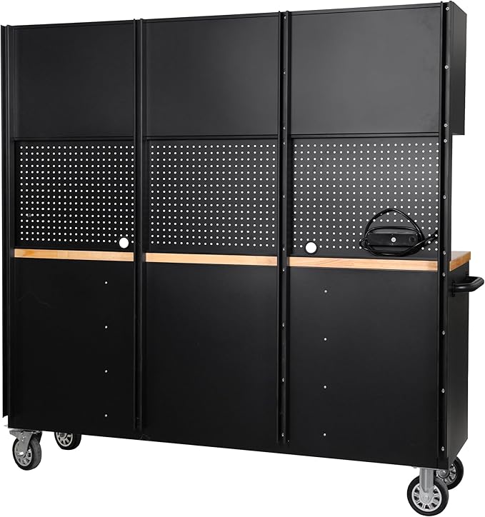 CT Copper Tailor 72-inch Rolling Tool Chest with Integrated Power Strip,15 Drawers and Wheels, Garage Workbench with Storage, 3 Upper Cabinets, Pegboard in Blue