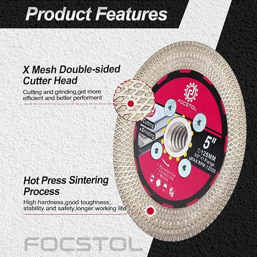 Diamond Tile Saw Blade - 5''(125mm) Cutting & Grinding Disc Wheel with 5/8"-11 Flange for Porcelain Ceramic Tile Marble Granite Artificial Stone with X Mesh Rim for Angle Grinder