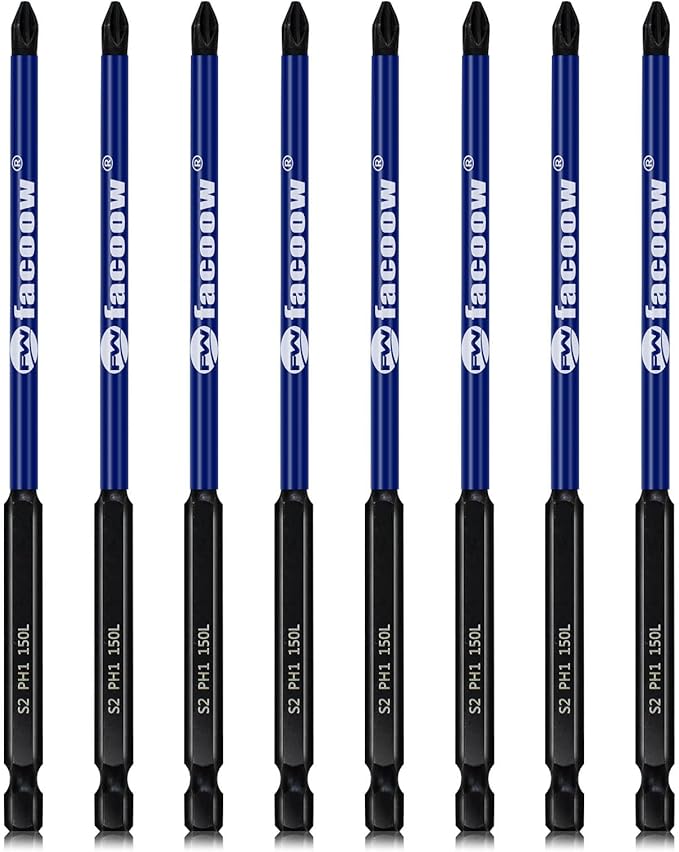 8 PCS #1 Impact Phillips Head Driver Bits, Magnetic 6" S2 Steel PH1 Bits, Phillips Screwdriver Bits Set, 1/4 Hex Shank Screws Bits Set, CNC Machined #1 Phillips Bits for Impact Drills