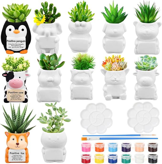 Hushee 12 Sets DIY Ceramic Succulent Pots Ready to Paint Animal Planters by Hushee
