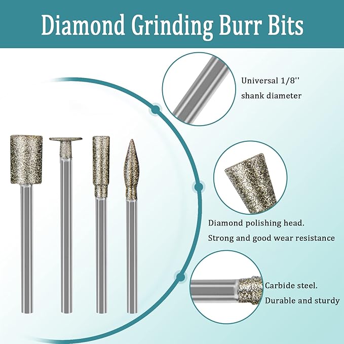 Stone Carving Set Diamond Burr Bits Compatible with Dremel, 20PCS Polishing Kits Rotary Tools Accessories with 1/8’ Shank for Carving, Engraving, Grinding, Stone, Rocks, Jewelry, Glass, Ceramics