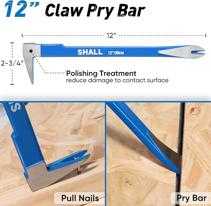 SHALL 4-Piece Pry Bar Set, 12-Inch Cats Paw Nail Puller, 10-Inch & 7.5-Inch Flat Claw Pry Bars, 8-Inch End Cutting Pliers, Utility Wonder Crowbar, Nail Remover Tool for Baseboard, Floor, Nails Removal