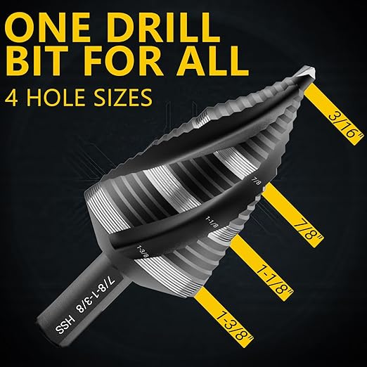 Four Spiral Flute Step Drill Bit, HSS Step Drill Bit 3/16"-1-3/8" (19 Steps) Unibit Step Drill Bit, 1/4" Shank Step Bits for Aluminum, Wood, Plastic, Metal