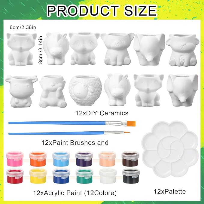 Hushee 12 Sets DIY Ceramic Succulent Pots Ready to Paint Animal Planters - Image 2