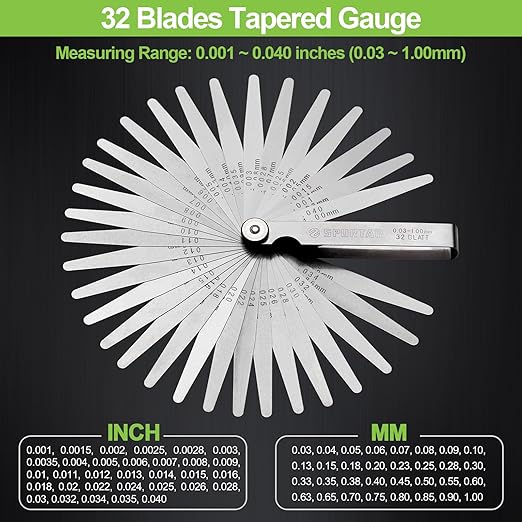 Spurtar Feeler Gauges 0.001-0.04" (0.03-1.00mm) 32 Blades Tapered Feeler Gauge Set Stainless Steel Dual Marked SAE and Metric for Measuring Gap Thickness or Width for Spark Plug, Valve, Piston, Guitar
