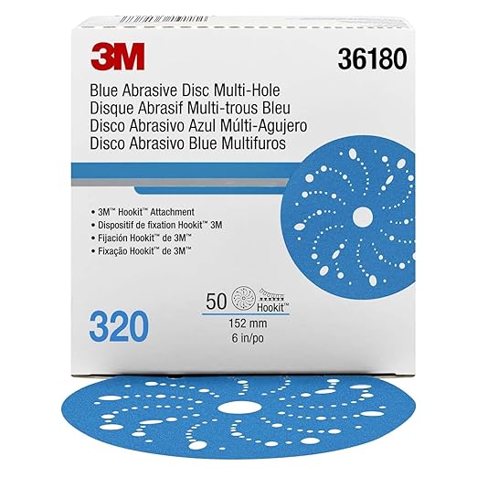 3M AMAPR Hookit 3M Blue Abrasive Discs 36180, Multi-Hole, Featheredging, Primer Sanding, Paint Preparation, 6 in, 320 Grade, 50 Discs/Carton