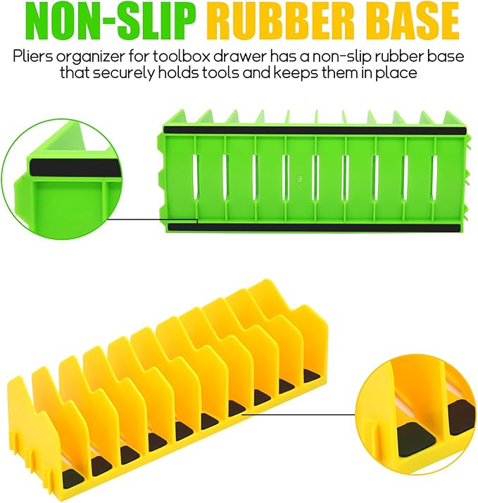 4 Pack Plier Organizer Rack, Pliers Organizer for Tools Cutters with Extendable Design & Non-Slip Rubber Base, 40 Slots Tool Box Drawer for Pliers, Wrenches, Screwdrivers,Green&Yellow