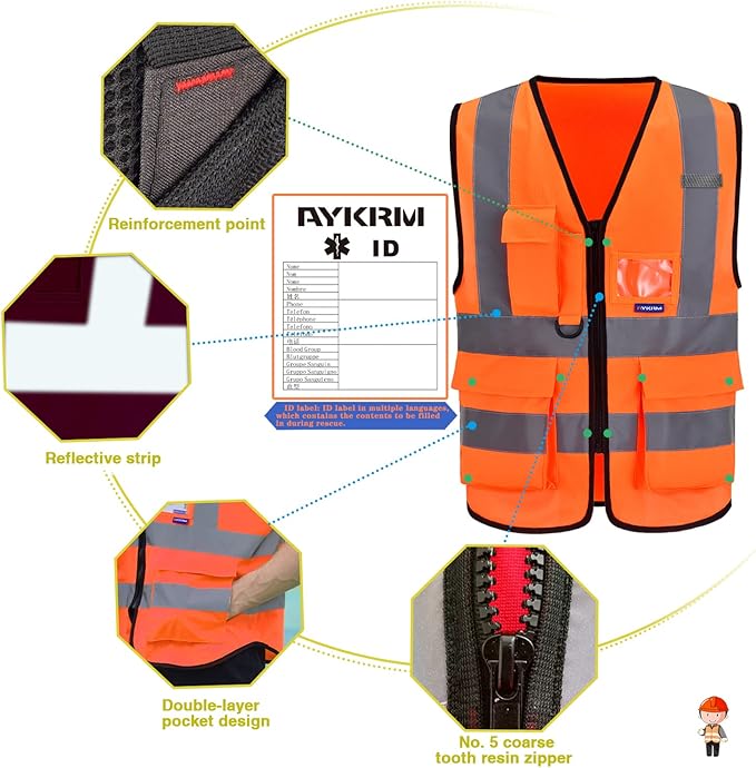 A-SAFETY Orange High Visibility Safety Vest Reflective,3M Multi Pockets Working Vest Working Uniform Zipper Front ANSI/ISEA Standards 7 Pockets Class 2,Large