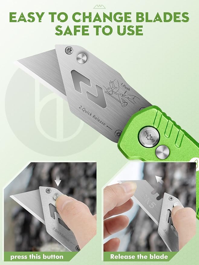 Utility Knife, BIBURY Upgraded Version Heavy Duty Box Cutter, Pocket Carpet knife with 10 Replaceable SK5 Stainless Steel Blades, Belt Clip, Easy Release Button, Quick Change and Safety Lock-Green
