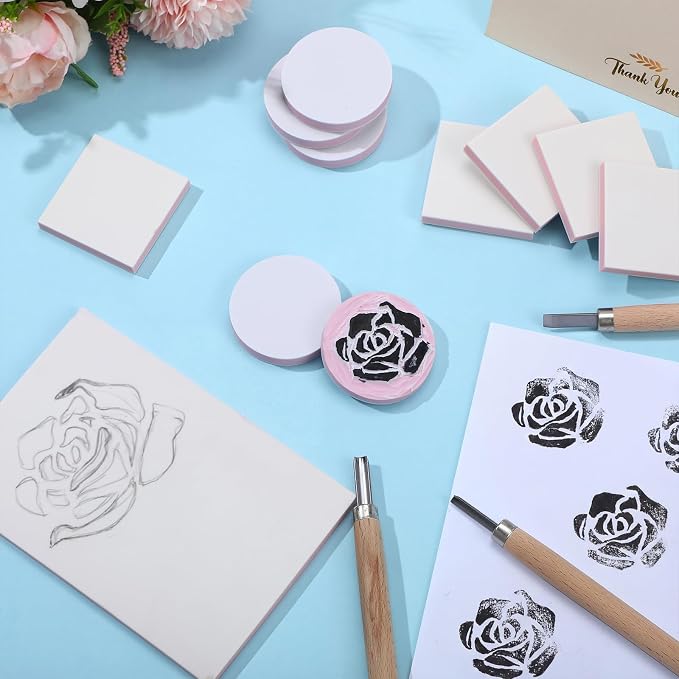 18 Pcs Rubber Stamp Carving Blocks Linoleum Blocks 4"x6" and 2"x2" Round Square - Image 5