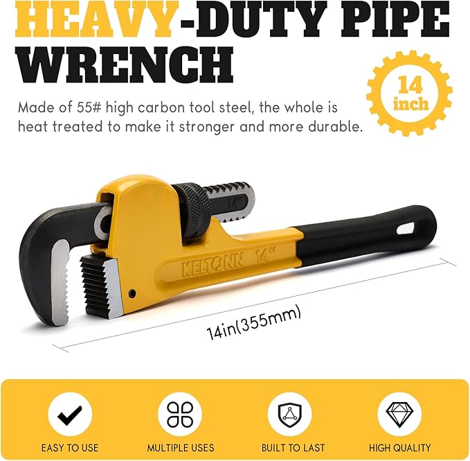 14 Inch Adjustable Pipe Wrench, Heavy Duty Carbon Steel with Heat Treated Serrated Jaw and Smooth Worm Gear, Ideal for Plumbing & Pipe Fitting