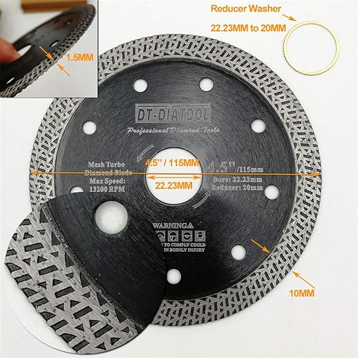 DT-DIATOOL Diamond Granite Blade 4 Inch and 4-1/2 Inch for Marble Porcelain Tile Ceramic Diamond Cutting Disc with Mesh Turbo Diamond Segments Pack of 2