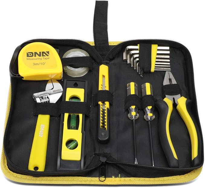 DNA MOTORING 16pcs Mechanic Home Repair Tool Set, Includes Pliers, Wrench, Hex Key, Screwdriver, Spirit Level,Tape Measurer, Mechanic repair set, w/Carrying Case, Yellow/Black, TOOLS-00029