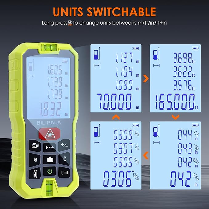 Laser Measure, 50M/165ft Digital Laser Tape Measure with Backlit LCD, ±2mm Accuracy, M/in/Ft Unit Switching, Measuring Distance,Area,Volume,Pythagorean, IP54 Shockproof(Red)