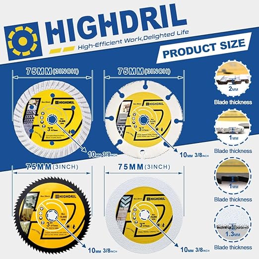 HIGHDRIL 3" 75mm Circular Saw Blade Set 4pcs - Diamond/HSS/Carbide Cutting Disc for Angle Grinder Cutting Soft Metal Copper Aluminum Granite Tile Marble Granite Plastic Wood Glass