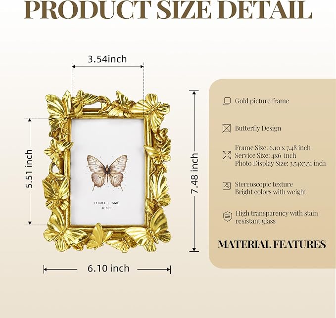 Cuspin 4x6 Gold Picture Frame, Ornate Butterfly Decorative Photo Frame - Image 5