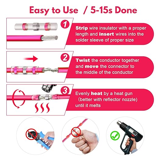 Kuject 250PCS Solder Seal Wire Connectors AWG 22-18, Red Solder Seal Heat Shrink Butt Connectors Terminals Sleeve Waterproof Wire Splice Connector for Marine Automotive Boat Wire Joint