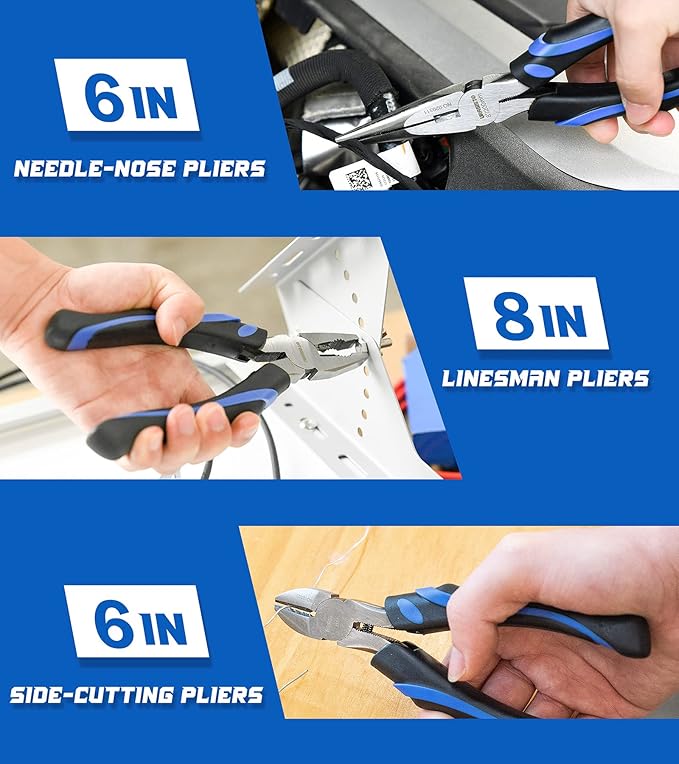 6-Piece Home Maintenance Tool Kit for Men, Including Groove Joint, Long Nose, Diagonal Cutting, Locking Pliers, Adjustable Wrench and Linesman Pliers, with Storage Pouch