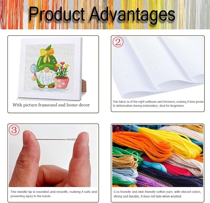 VIGEGU Gnome Cross Stitch Kits for Beginners, Flowers Stamped Cross Stitch for - Image 4