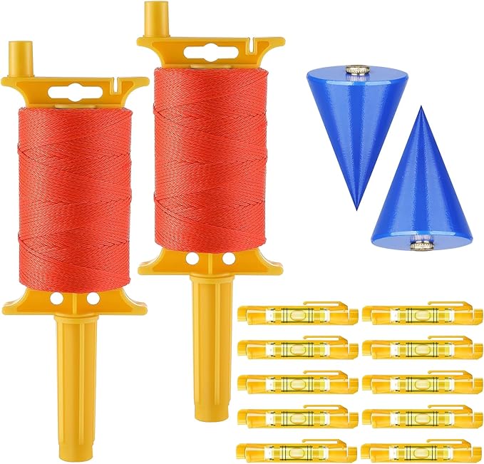 2 Pack Mason Line with Handle Twisted 540-Feet Reloadable Line Reel with 10 Built in Levels & 2 Plumb Bob Braided Construction Nylon Line for Gardening, Masonry Tools, String Level, Kite Twine String