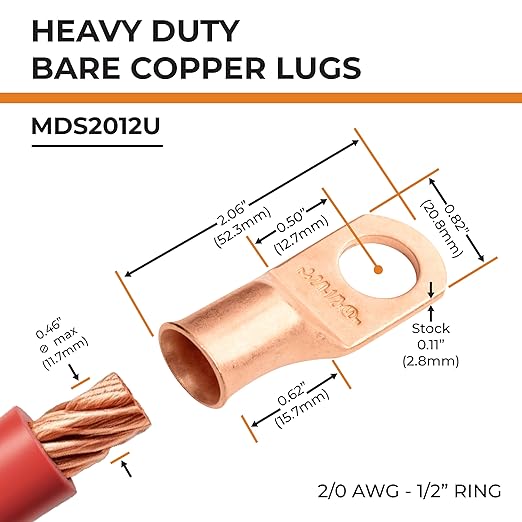 SELTERM 2pcs 2/0 AWG 1/2" Stud Copper Wire Lugs, Battery Lugs, Ring Terminals, Battery Cable Ends, 00 Gaug Ring Terminal Connectors, UL Heavy Duty Bare Copper Eyelets Battery Terminal Connectors