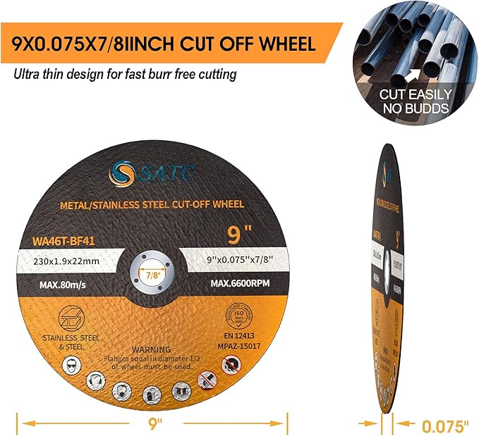 S SATC Die Grinder Cut Off Wheel 9 Inch 25PCS Cut Off Wheels Fit Angle Grinder Air Tool 9” x .075” x 7/8”