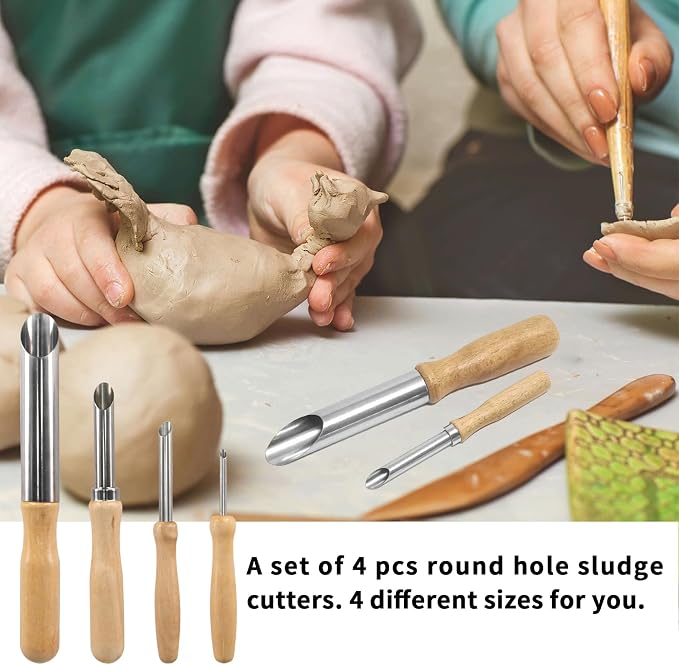 4 Pack Stainless Steel Circular Clay Hole Cutters, Wooden Handle Clay Tools - Image 4
