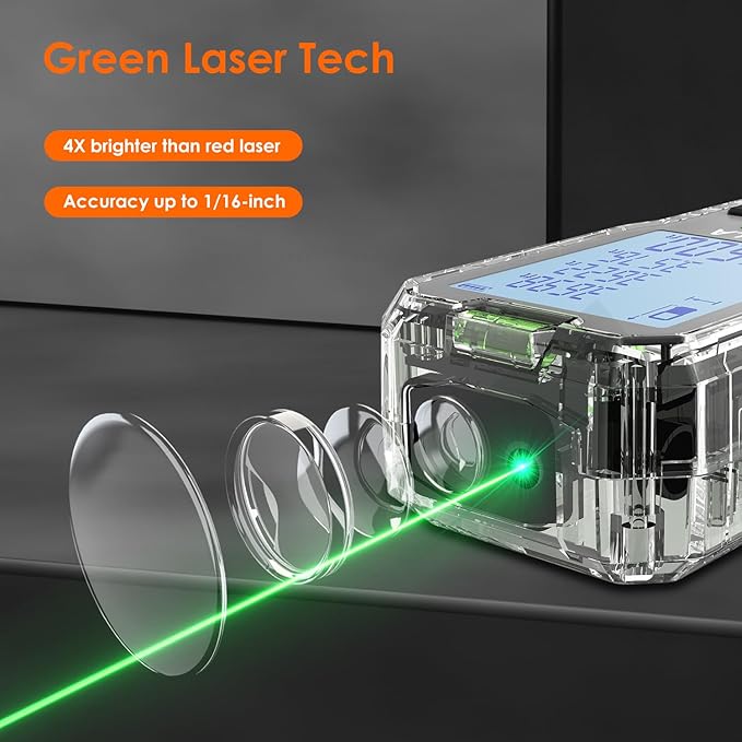 Laser Measure, 100M/328ft Digital Laser Distance Meter, ±2mm Accuracy Laser Measuring Tool, Tape Measure with Backlit LCD, Measuring Distance,Area,Volume,Pythagorean IP54 Shockproof(Green)