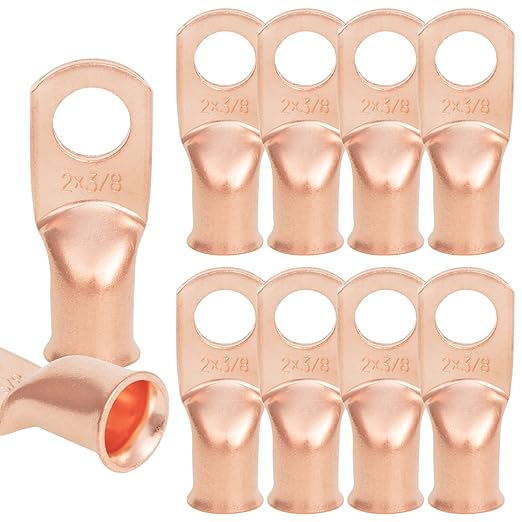 10PCS 2AWG - 3/8''Stud Heavy Duty Copper Terminals,Battery Cable Crimp Lugs,Battery Cable Ends,Bare Copper Eyelets Tubular Ring Terminals,Closed End Crimp Electric Connectors