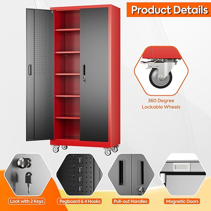 Metal Garage Storage Cabinet with Pegboard, 71''H*32" W*16" D Rolling Tool Cabinets on Wheels with 5 Adjustable Shelves for Garage Home Warehouse Utility Room, Assembly Required,Red and Black