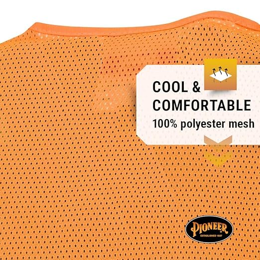 Pioneer Hi Vis Mesh Safety Vest - for Traffic & Public Workers - Cool & Lightweight - Class 2 - Reflective Tape - Orange