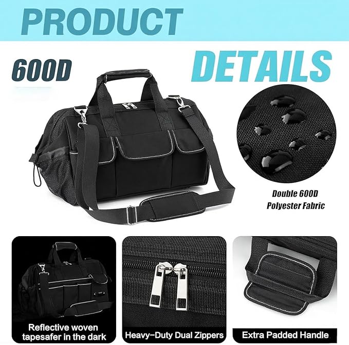 Tool Bag, Heavy Duty Tool Bag 16-Inch, Portable Tool Bags Organizer, Waterproof Soft Handle & Padded Large Zipper Carrying, Black