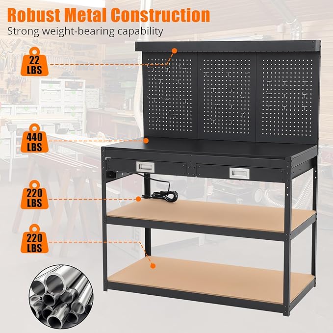Work Bench 48" Adjustable Height,3-Tier Heavy-Duty Portable Workbench with Power Outlets and Drawer for Garage & Workshop, 880 LBS Load Capacity, Work Table for Office, Home, Easy Assembly