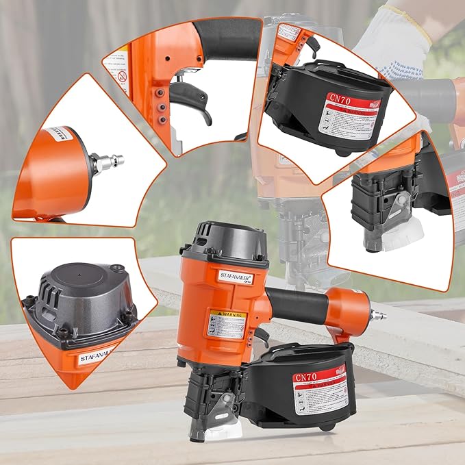 CN70 Pneumatic Siding Nail Gun for 1-3/4-Inch to 2-3/4-Inch 15-Degree Nails, Coil Siding Nailer with Rapid Shooting Rapid Shooting Engine for Pallets, Siding, Crating, Fencing, Decking