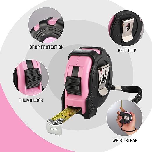 WORKPRO 16FT Pink Tape Measure, Inch/Metric Easy Read Measuring Tape, Retractable Lightweight Measurement Tape Accuracy 1/32, 1mm for Engineer,with Thumb Lock, Belt Clip, Rubber Protective Casing