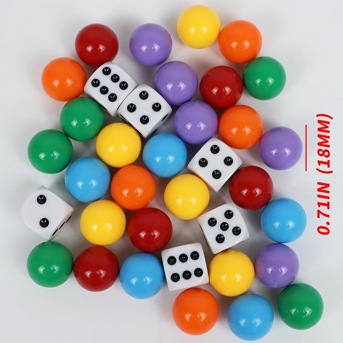 0.71Inch 30 Wahoo Marbles & 6 Dice Set, 5 of Each 6 Colors, 18mm Replacement - Image 2