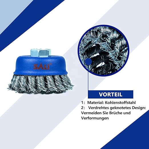 SALI 2 Pack Wire Cup Brush, 4 Inch Twisted Knotted Cup Brush for Grinders, with 5/8-11 Inch Arbor for Heavy Cleaning Rust, Stripping and Abrasive, for Angle Grinder