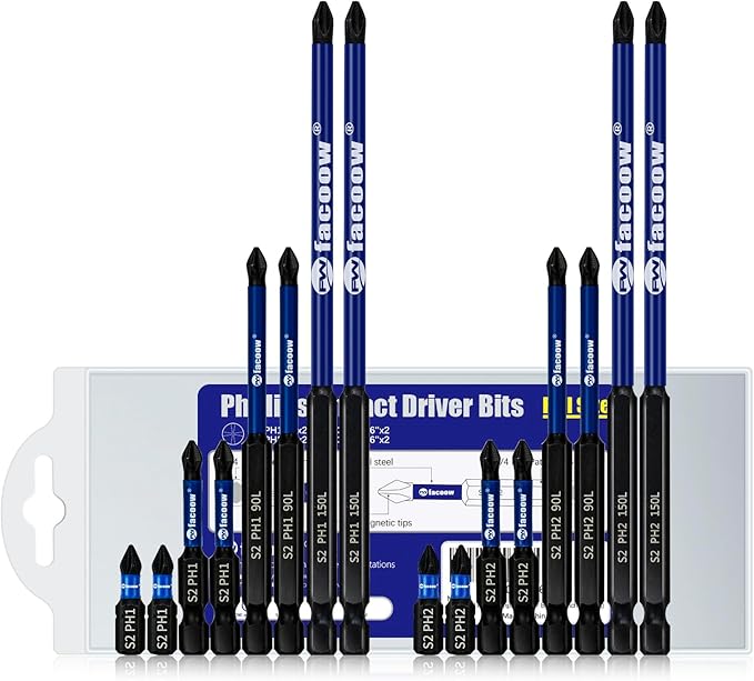 Phillips Impact Driver Bits, #2&1 Phillips Head Magnetic Screwdriver Bits Set, 1”-6“ S2 Steel Impact Bits, 1/4" Hex Shank Screwdriver Drill Bit, CNC Machined ph2 Impact Drill Bits, 16 Pack