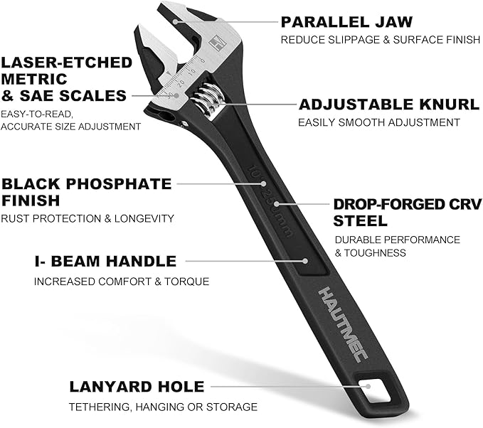 HAUTMEC 10 inch Adjustable Wrench Extra Wide Jaw Black Finish Adjustable Wrenches Drop-Forged CR-V Steel Metric & SAE Scales for Home Garage Workshop DIY
